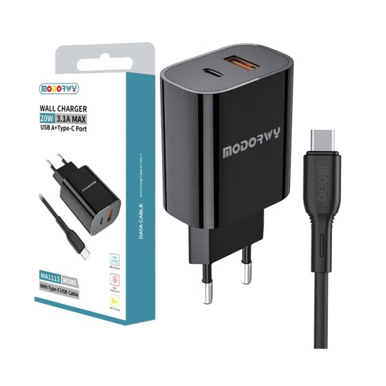 Carregador de Parede PD Modorwy MA1115 USB+Tipo-C com Tipo-C Cabo 5V 3,1A Preto